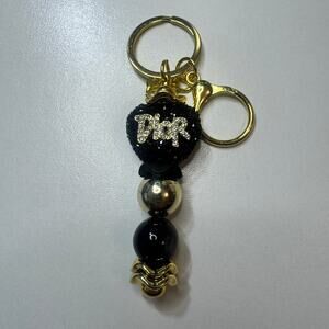 Designer Inspired Dior Style Black & Gold Charm Keychain Luxe Beaded Bag Charm
